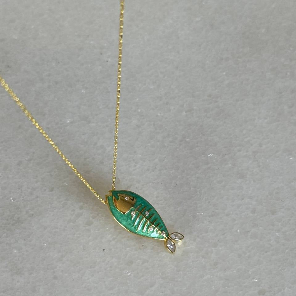 Yeşil Pırıltı Balık Kolye / 925 Gümüş