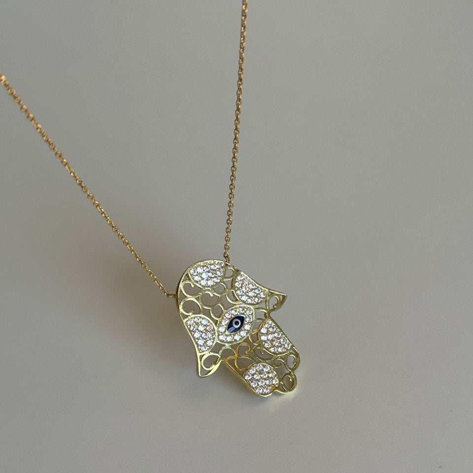 Taşlı Göz Hamsa Kolye / 925 Gümüş