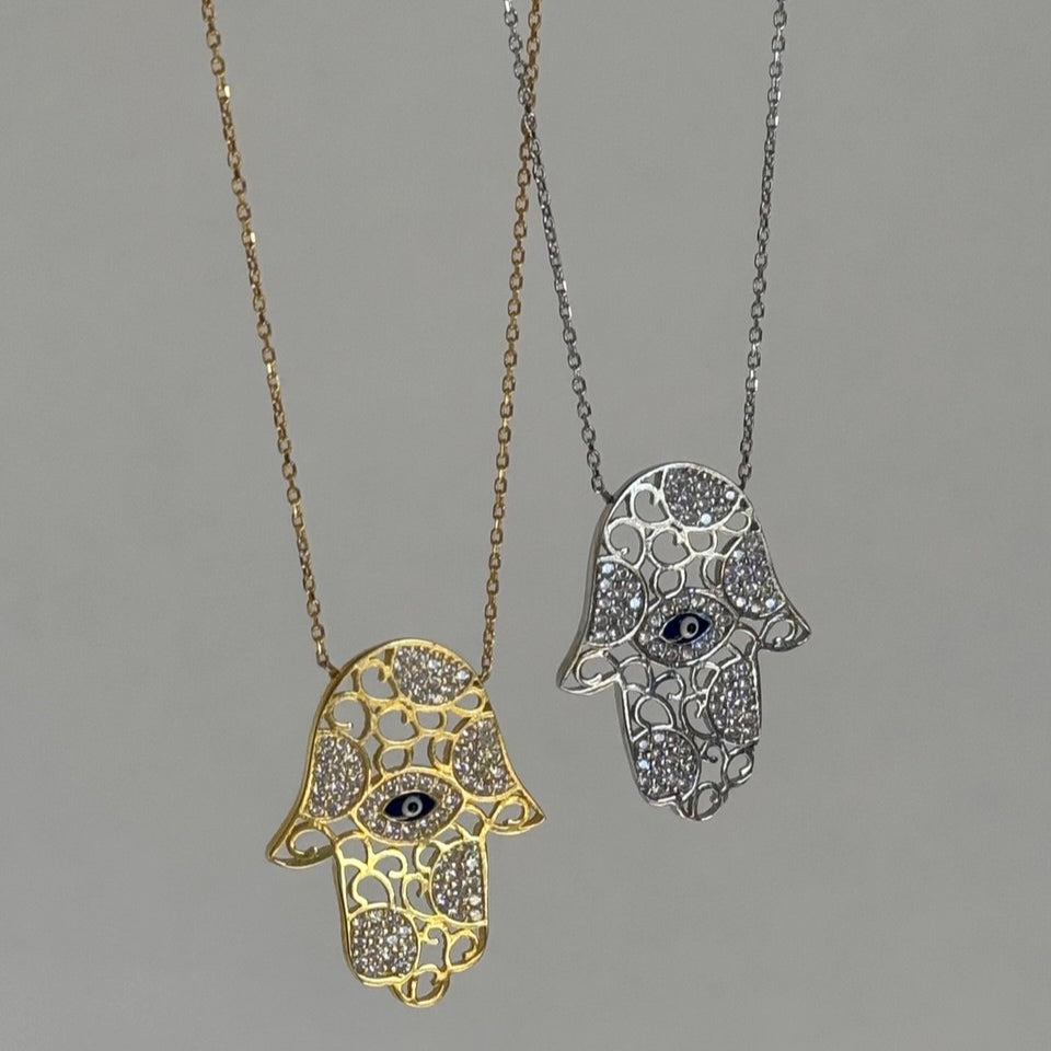 Taşlı Göz Hamsa Kolye / 925 Gümüş