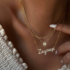 Taşlı İsim Kolye-Hamsa-Zincir Kombin / 925 Gümüş