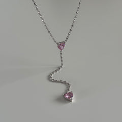 Pembe Kristal Kalp Y Kolye /925 Gümüş