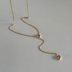 Pembe Kristal Kalp Y Kolye /925 Gümüş