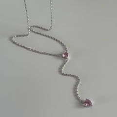 Pembe Kristal Kalp Y Kolye /925 Gümüş